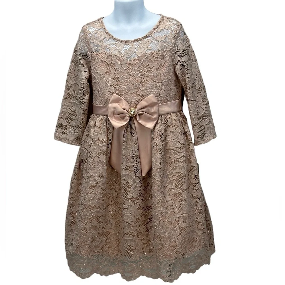 Rare Editions Girls Long Sleeve Lace Glitter Dress - Pink Mauve - size 6X